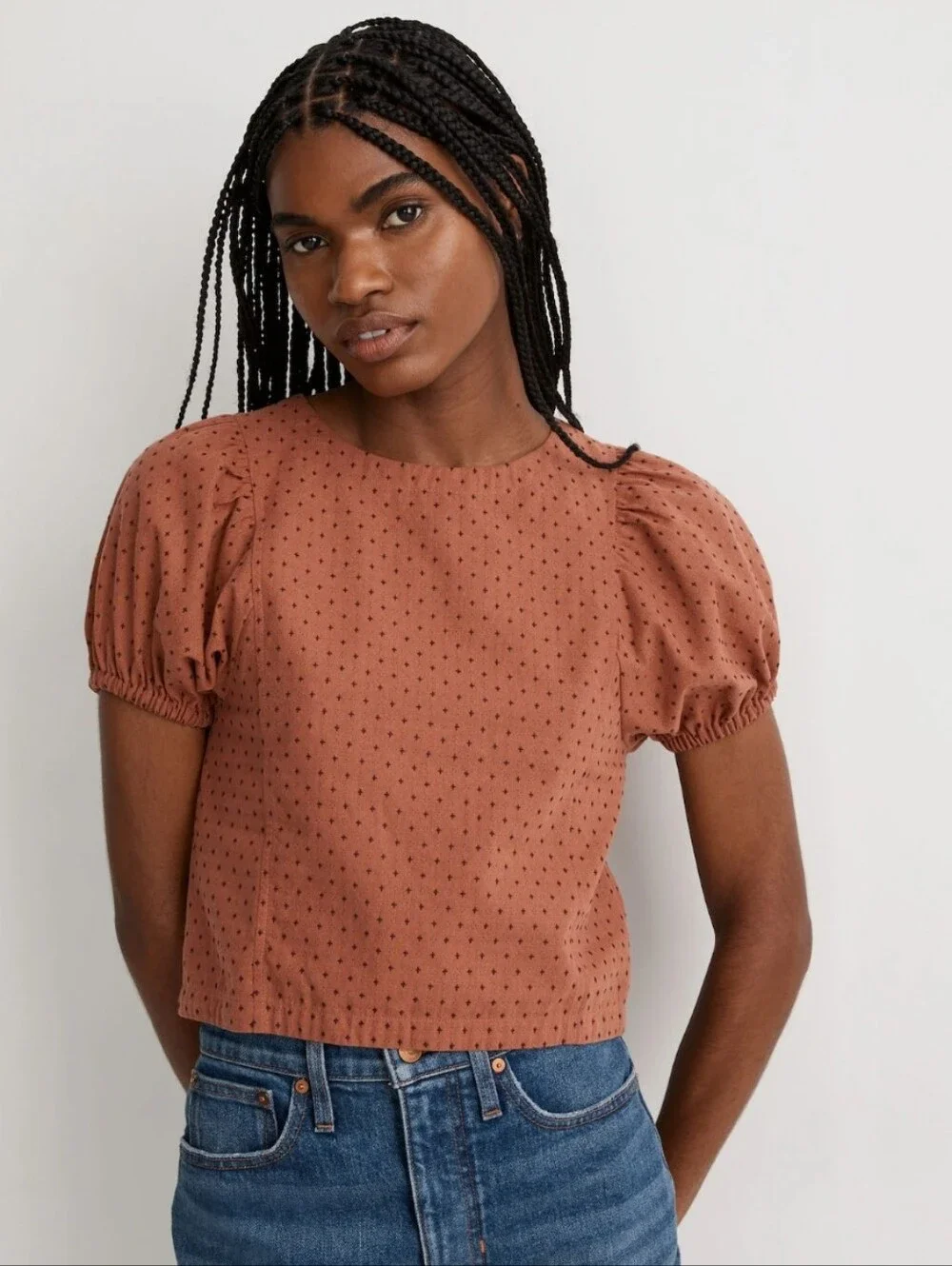 Jacquard Puff-Sleeve Top In Micro Cross Ground Clove Womens 4